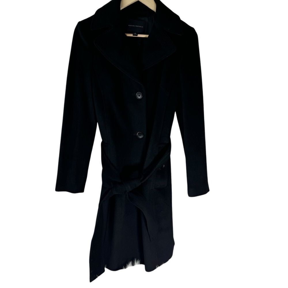 Banana Republic Black Wool Blend Trench Style Kick Pleat Belted Coat Sz M